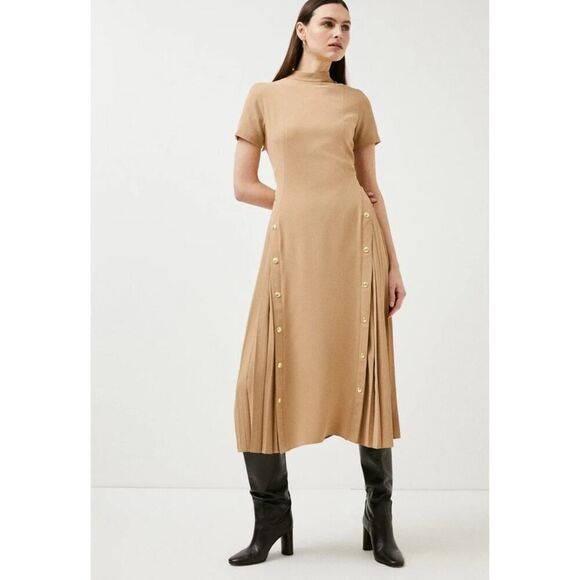 Karen Millen Dress 6 Tailored Military Pleat Midi Dress Camel Beige NWT - Picture 1 of 8